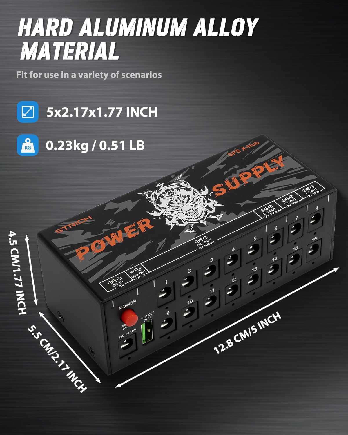 STRICH SPS X-Hub - Alimentatore per pedale per chitarra da 9 V/12 V/18 V, 100 mA - 300 mA, 16 Uscite Indipendenti, protezione da corto circuito e silenziosa, porta USB 5 V 1 A compatibile