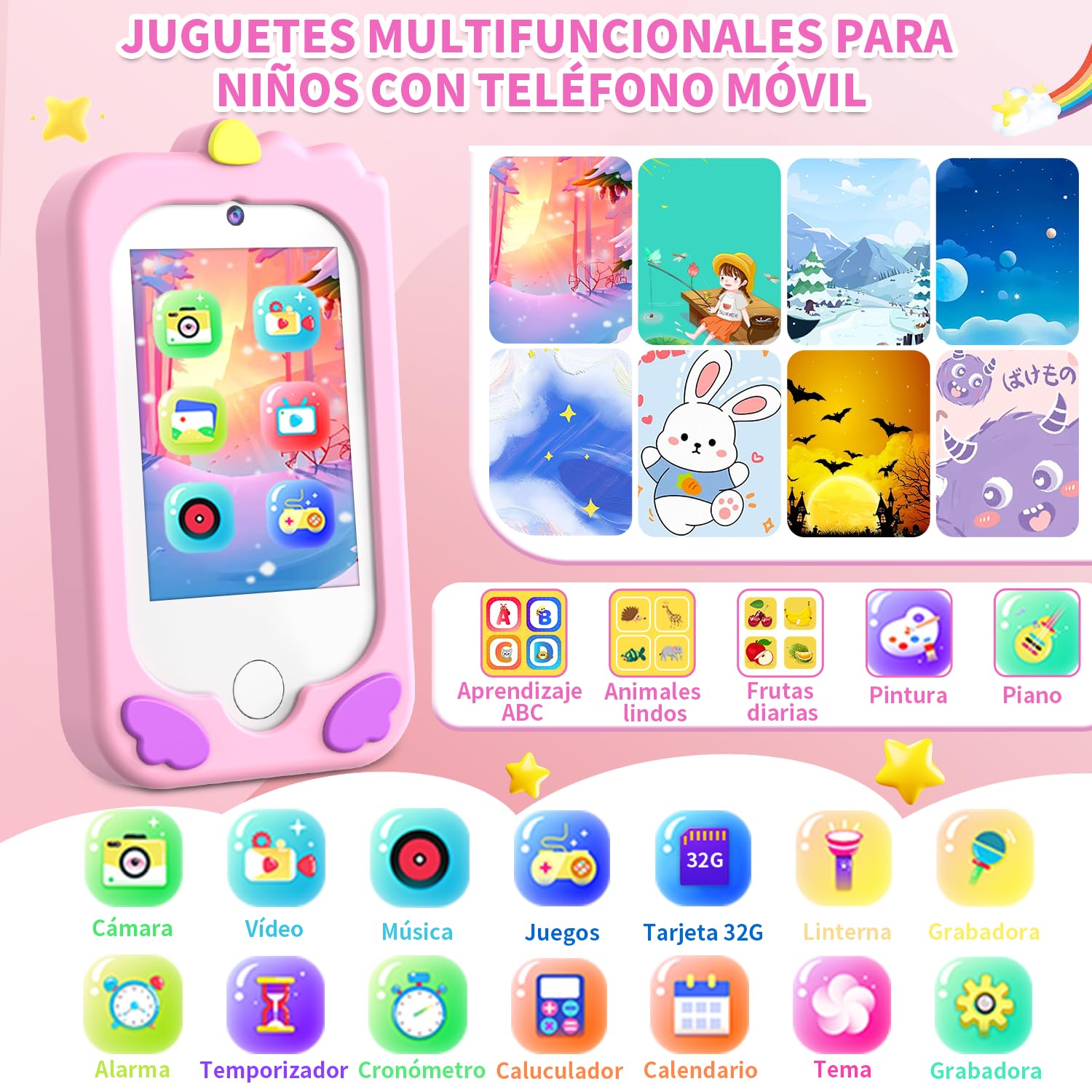 CHAKEYAKE Smartphone Camara Fotos Infantil, Teléfono Inteligente de Juguete con Táctil de 2,8", Doble Cámara, Tarjeta de 32 GB, Juegos Educativos, Audiolibro, cumpleaños para niños de 3 a 10 años