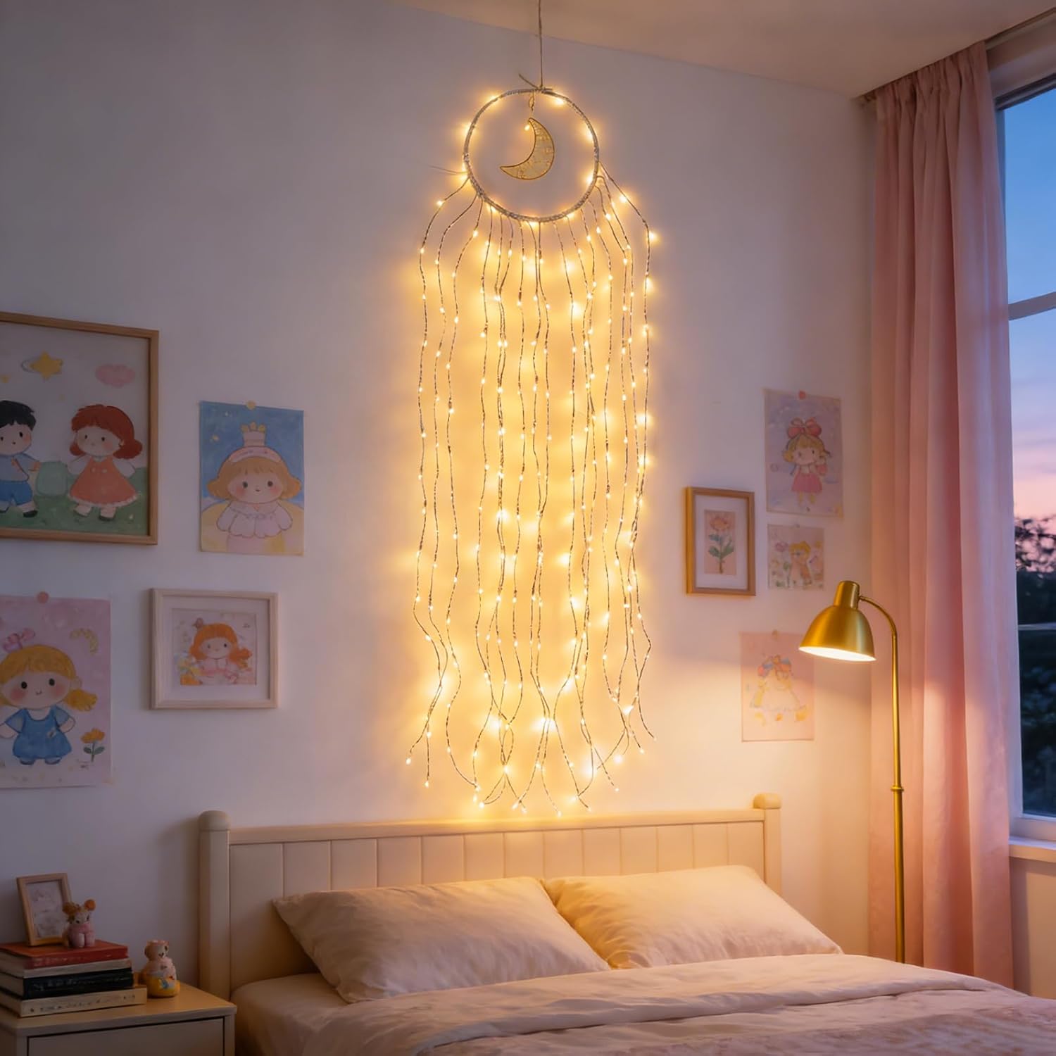 GOESWELL Boho Decor Vine Light for Bedroom: Moon Star Dream Catcher Fairy Lights for Girls Room - 6.4 Feet 250 Led Twig Vines Lights for Bedside Wall - Home Decor for Living Room