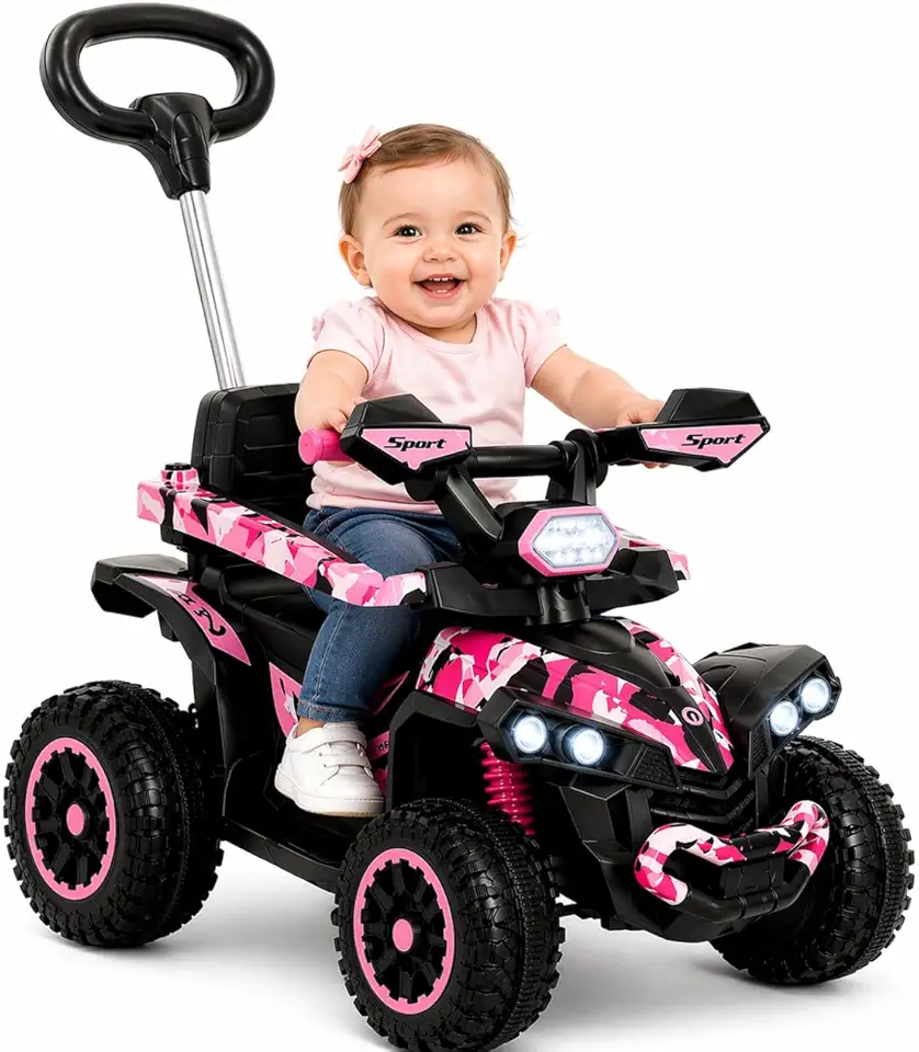Uni Toys Quadriciclo Infantil Feminino Love Rosa com Empurrador 2 em 1 – Luz e Som