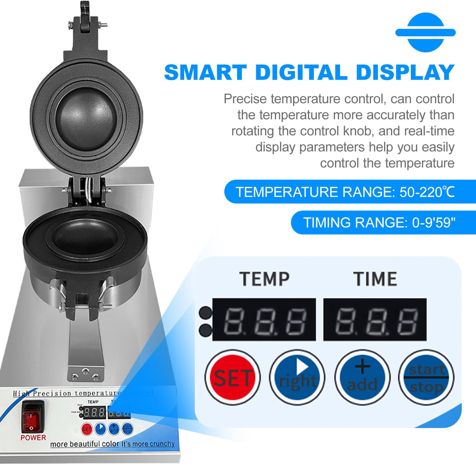 Máquina para hacer waffles y hamburguesas comercial, panel de control con pantalla digital, calentamiento de doble cara de 50 a 220 ℃, temporizador de 0 a 9'59", máquina para hacer hamburguesas eléc