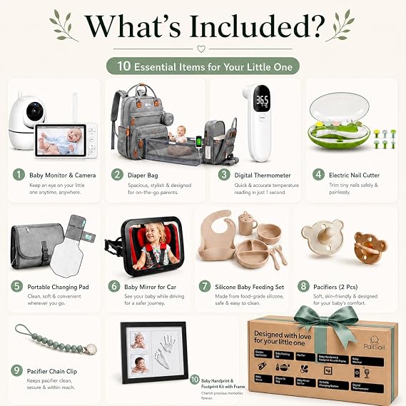 Gift Set - 10 Piece | New Born Essentials Kit | Baby Monitor with Camera,Diaper Changing Pad,Thermometer, Nail Clipper, Daiper Bag, Mirror for Car, Silicon Feeding Set, Pacifier, Hand & Footprint Kit