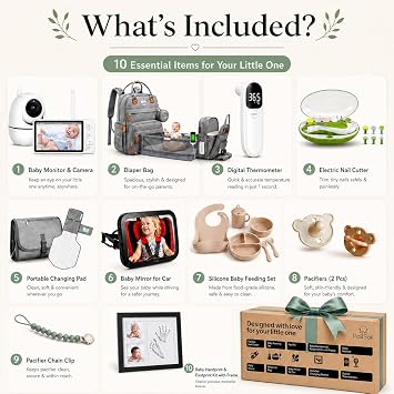 Gift Set - 10 Piece | New Born Essentials Kit | Baby Monitor with Camera,Diaper Changing Pad,Thermometer, Nail Clipper, Daiper Bag, Mirror for Car, Silicon Feeding Set, Pacifier, Hand & Footprint Kit