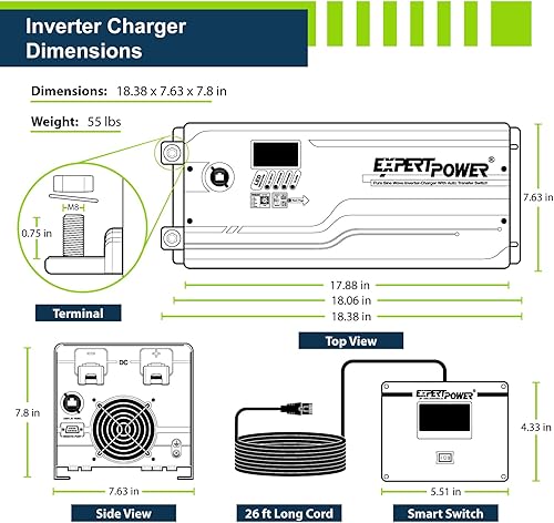 Miniatura 3 de ExpertPower Cargador inversor de onda sinusoidal pura de 3000 W  Pico de 9000 W  DC 12 V - CA 110 V  Compatible con batería de litio LifePO4