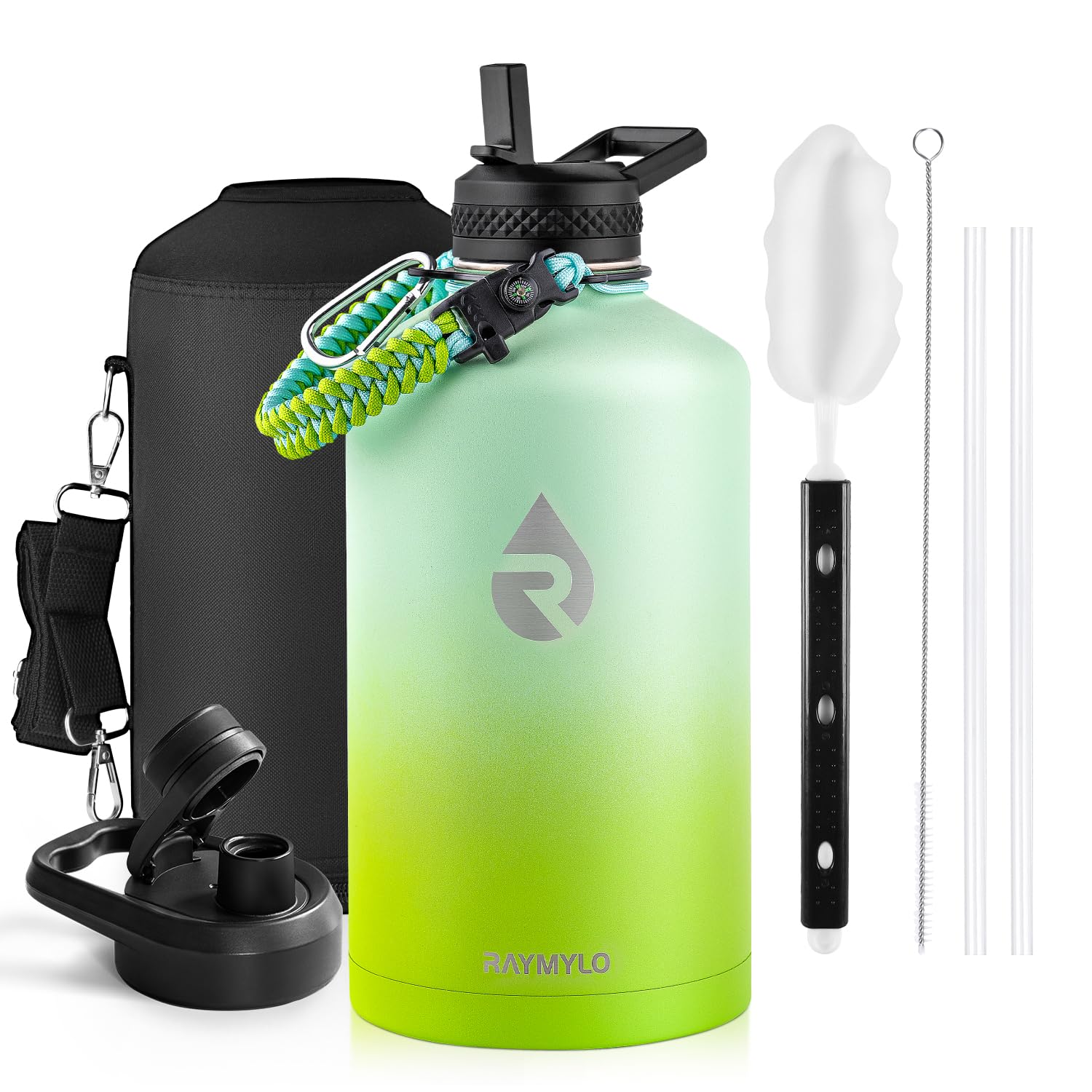 One Gallon Water Bottle Insulated, Triple Walled Vacuum Stainless Steel (Cold for 48 Hrs), Leak Proof & Non-BPA, Large Water Flask Jug with Paracord Handle & Straw Spout Lids