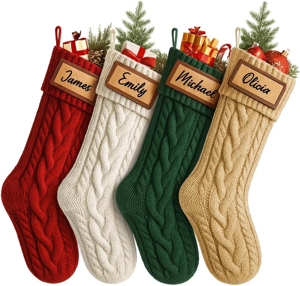 Personalized Christmas Stockings - 18 Large Luxury 4 Pack Knitted Xmas Stocking for Christmas with Custom Names Family Stockings for Kids Christmas Holiday Decor Fireplace Decoration