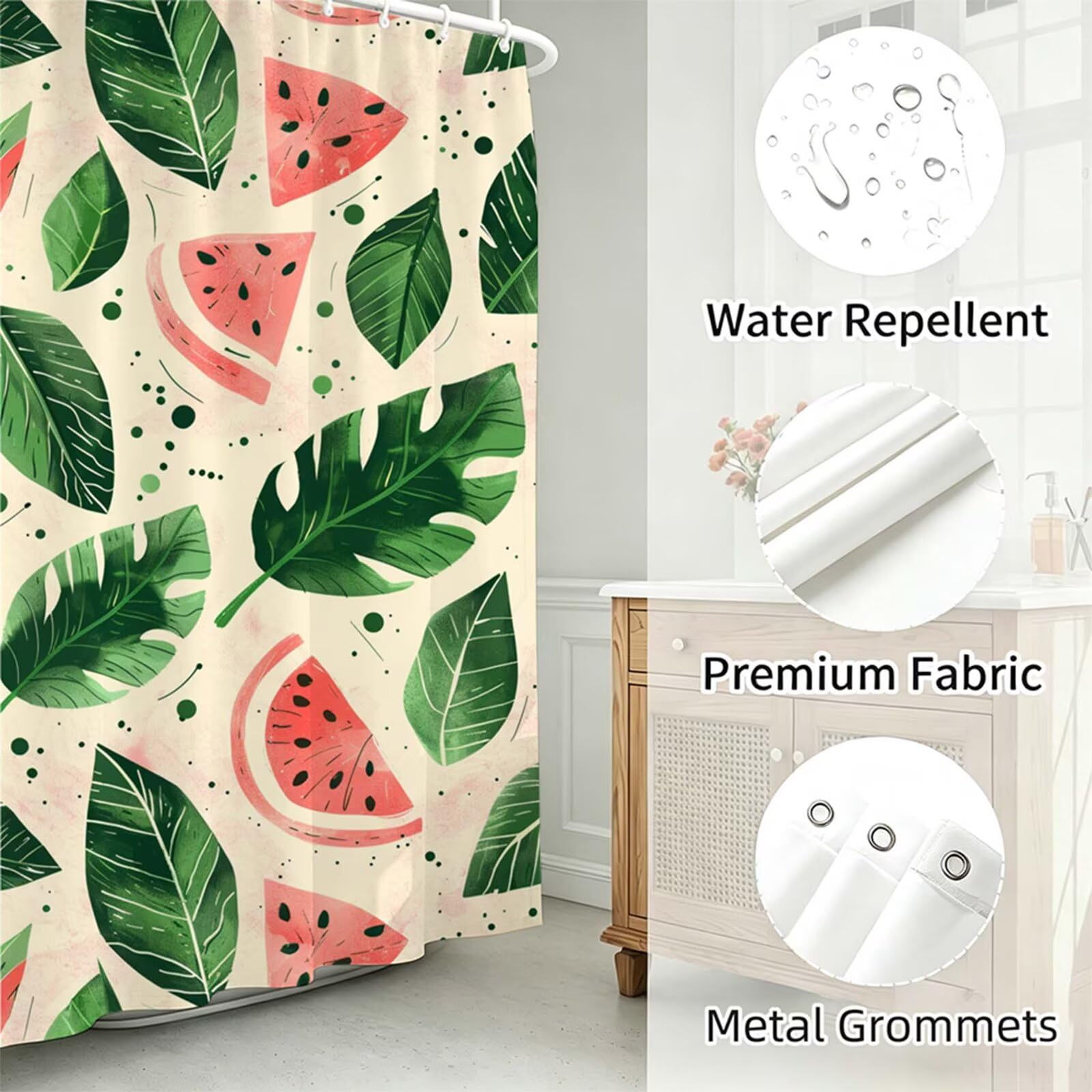 Duschvorhang Grün, Polyester Stoff aus Textil – Wasserdicht – Waschbar – Inkl 12 Ringe – Badewannenvorhang für Dusche & Badewanne, Shower Curtains 160x200cm Wassermelone J-724