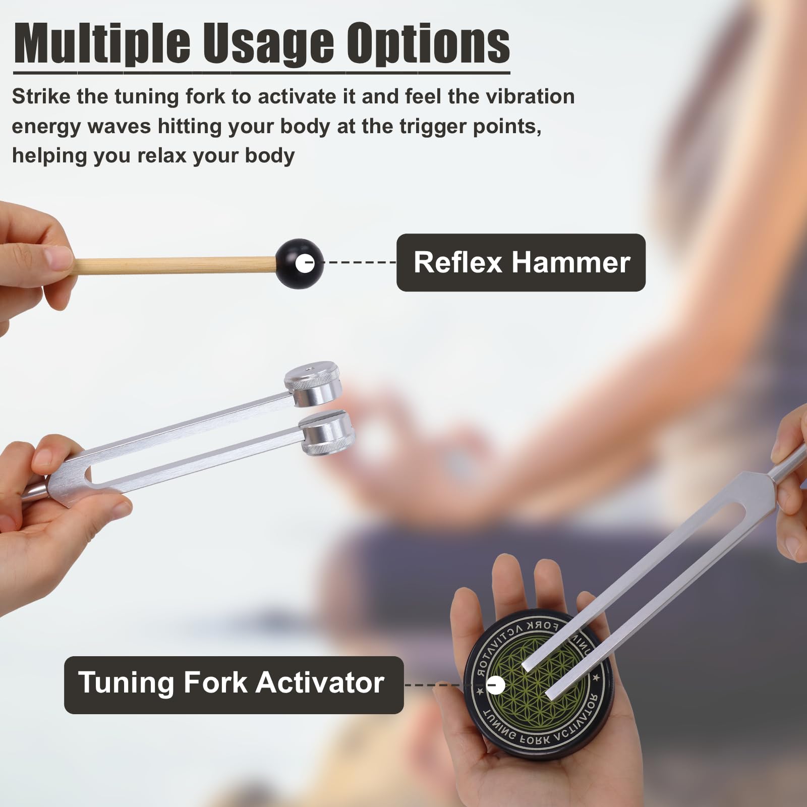 Diapasones para curación 128Hz 136.1Hz 256Hz 384Hz – Diapasones con Peso y sin Peso con Martillo, Activador y Punta de Amatista para Equilibrio Sonoro, Meditación y Relajación