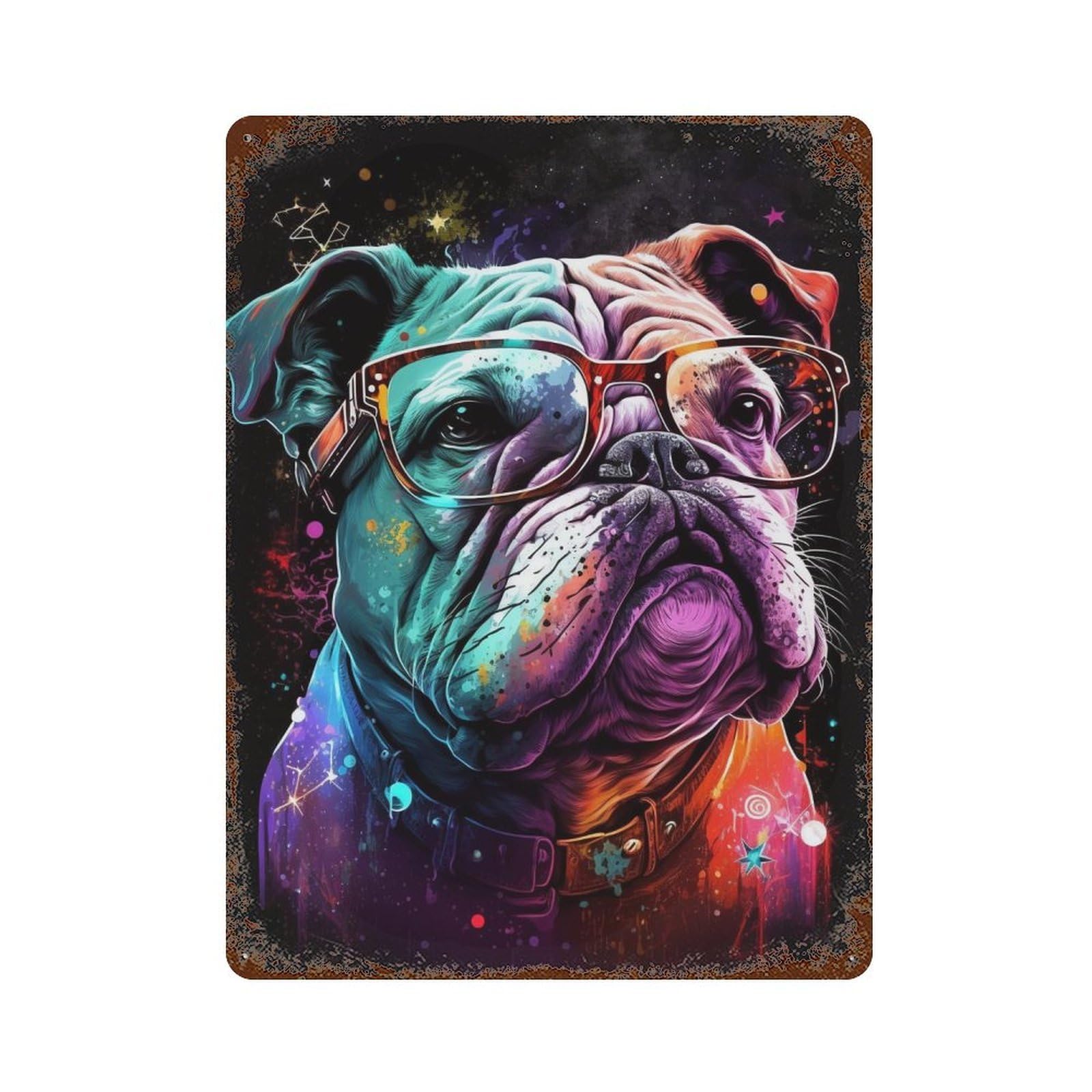 Rust Effect Colorful Bulldog Art Print-5 Aged Metal Wall Plaque 15.7"x11.8", Shabby Chic Decor for Living Room, Hallway And Home Decor