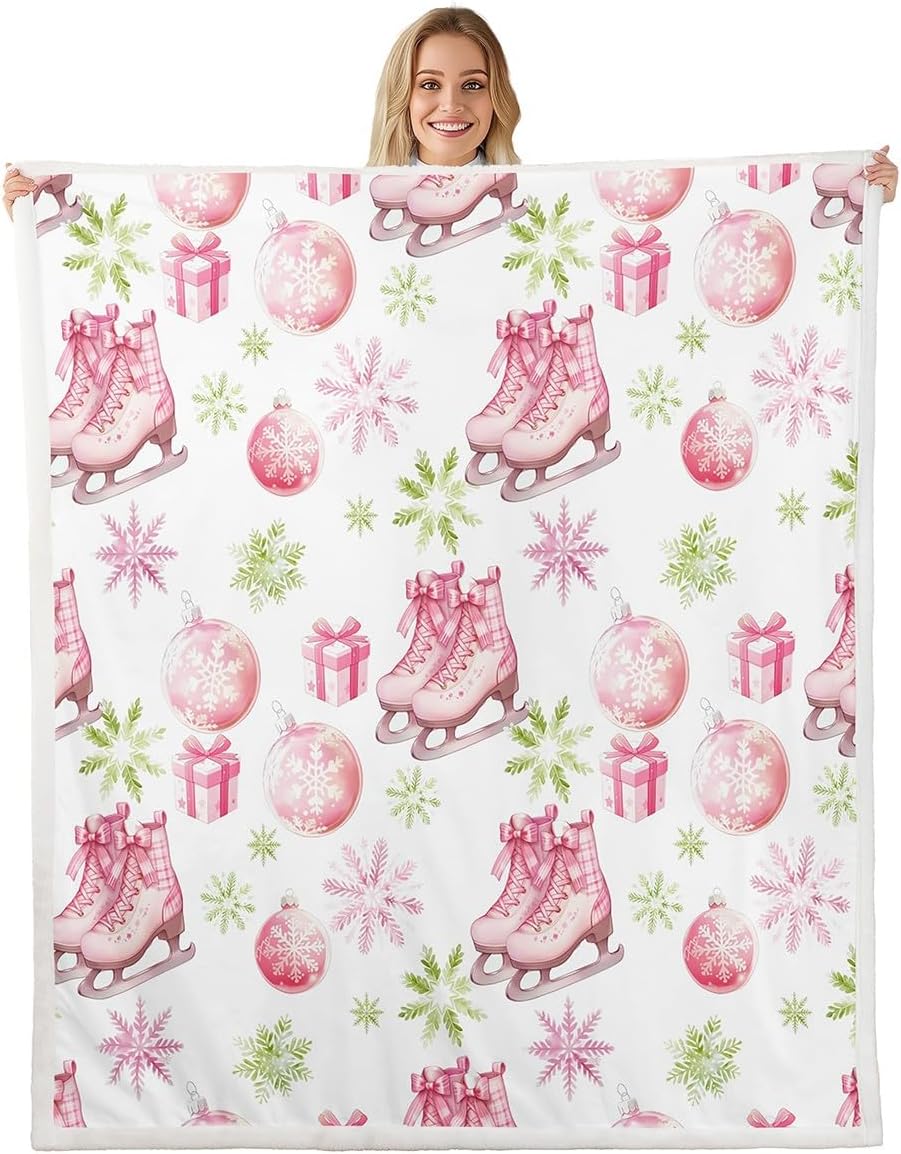 Pink Ice Skates Fleece Flannel Blanket,Girls Winter Sport Ice Skating Bed Blanket for Bed Sofa Couch,60"x80"Cute Princess Bowknot Bed Plush Blanket,Rustic Cloth Texture Print Lightweight Blanket