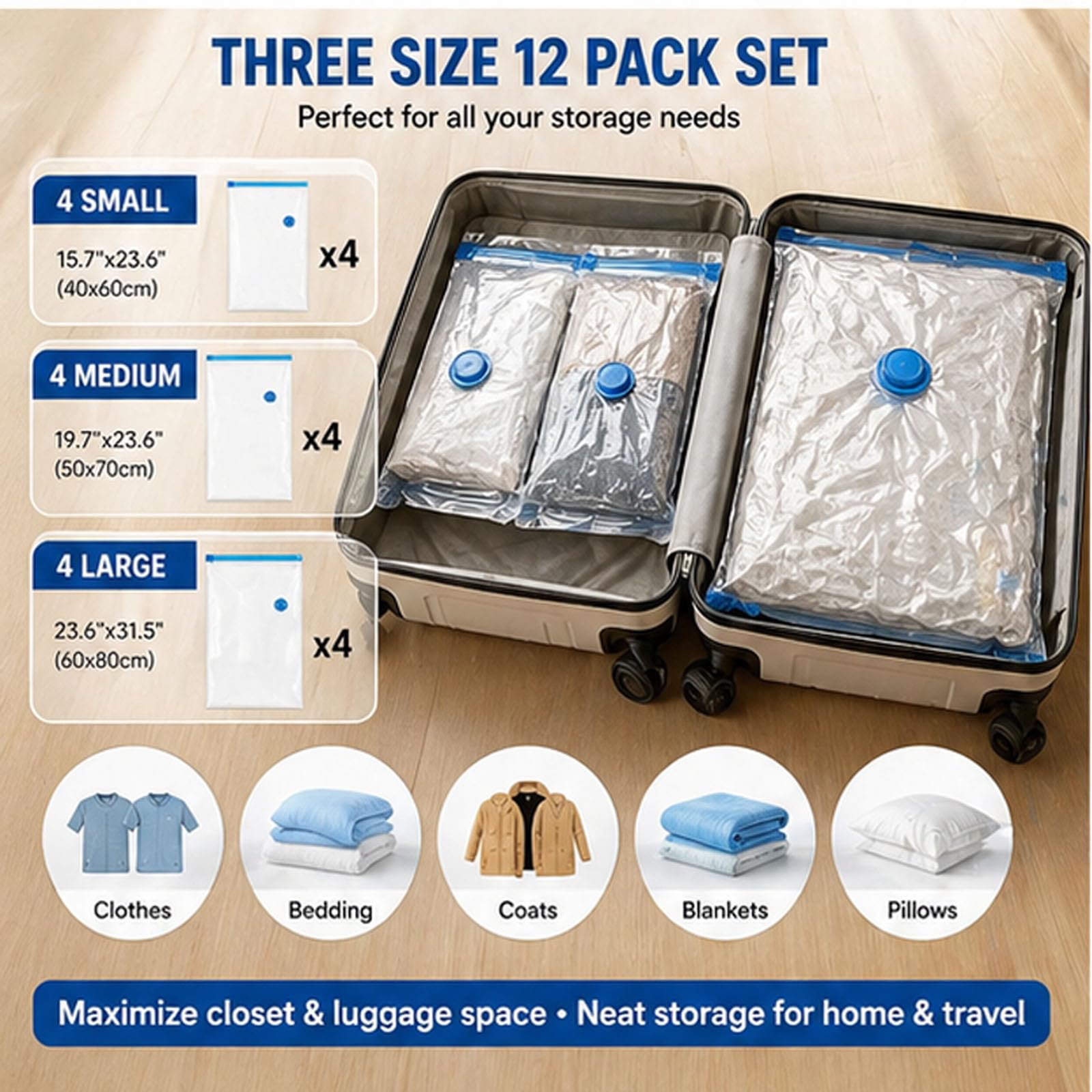 Juego de 12 Bolsas de Vacío para Viaje con Bomba Recargable Inalámbrica, Bolsas de Almacenamiento al Vacío de 3 Tamaños para Ropa,Ropa de Cama y Almacenamiento Estacional,Ahorra Espacio en el Equipaje