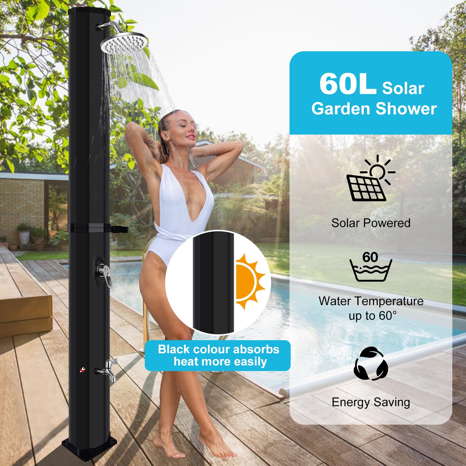 Doccia Solare da Giardino 60Litri - Solare da Esterno con Doccia e Rubinetto a Pedale, Acqua Calda Fino a 60°C, Senza Collegamento di Alimentazione, Doccia Solare da Esterno per il Spiaggia, Piscina