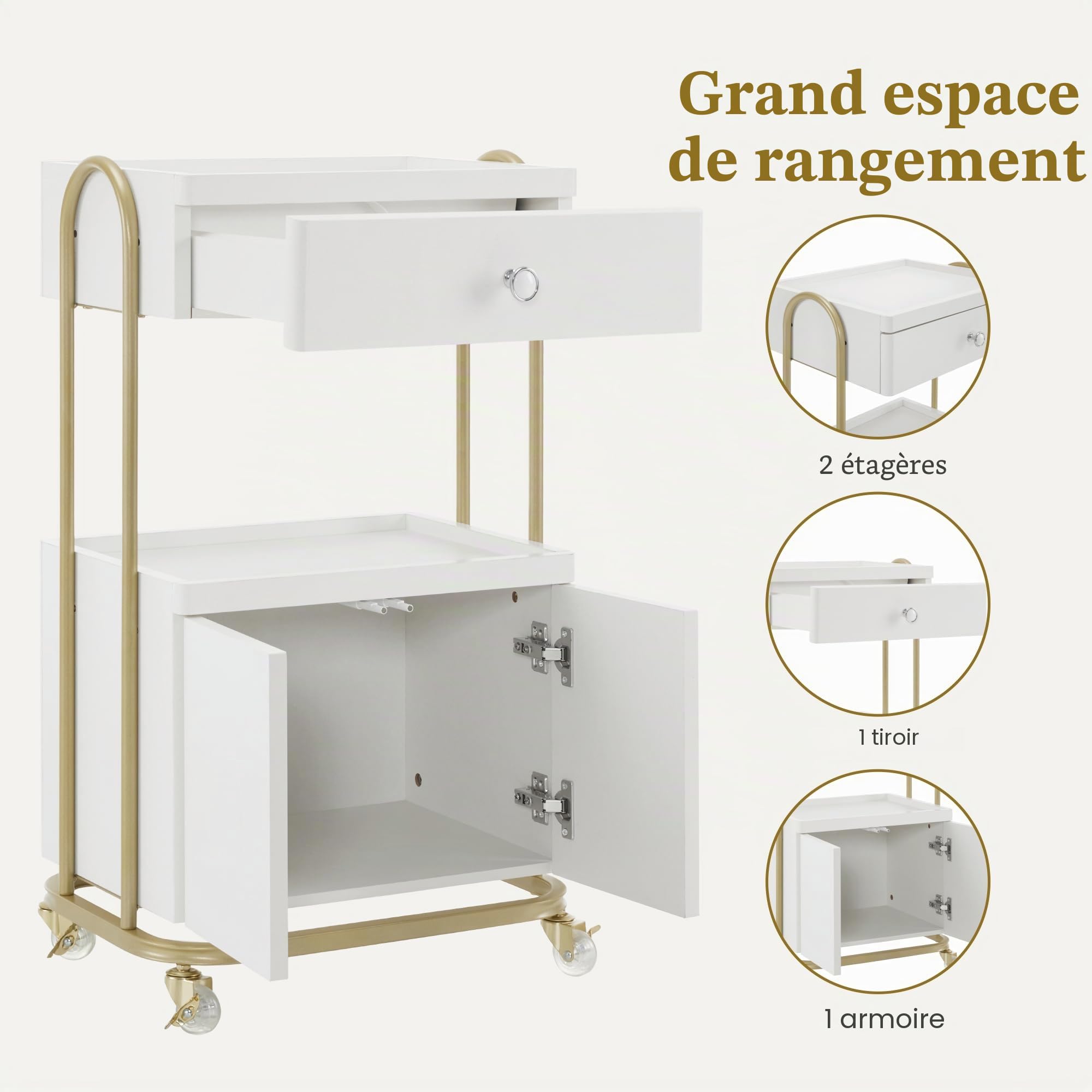 MCombo Chariot de Service avec roulettes & tiroir, Chariot de Coiffure Blanc-doré, 36x50x87cm