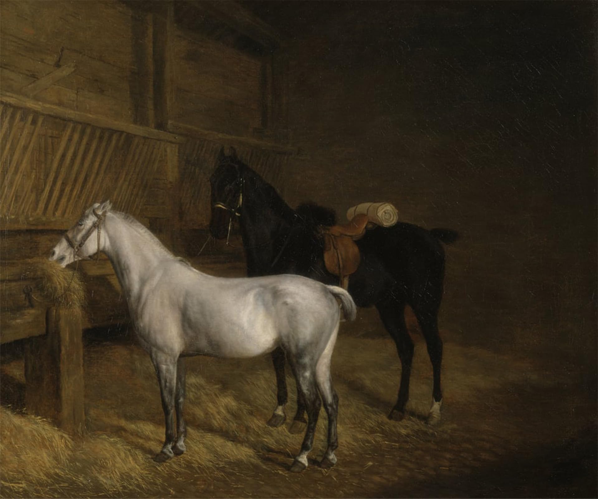 ARTXLXXBN Famous Painting Art Wall Decor Abstract Art Picture a Grey and a Black Charger in a Stable by Jacques Laurent Agasse Animal Pictures for Home Decor 60x90cm