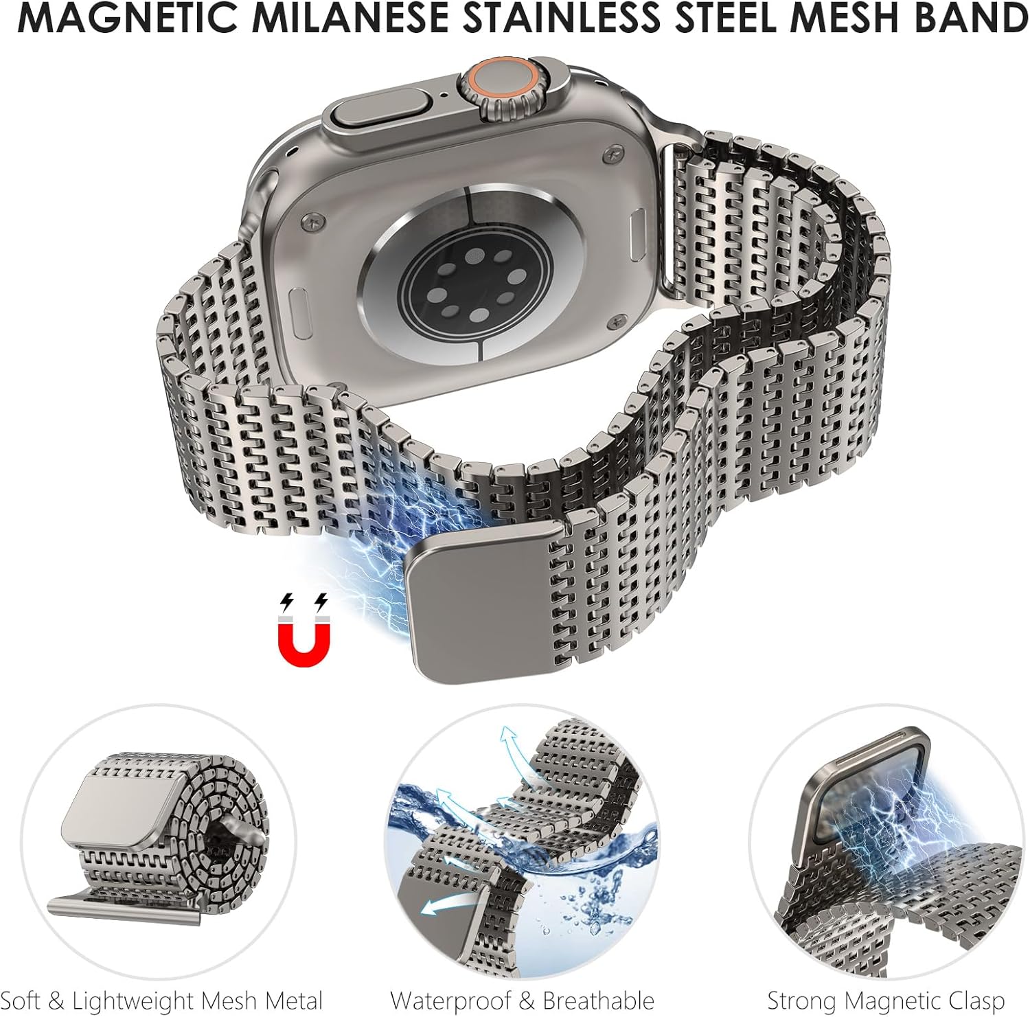 WINGLE Magnetic Mesh Loop for Apple Watch Band Ultra 3/2/1 Band 49mm 46mm 45mm 44mm 42mm 40mm 41mm 38mm Men Women, Stainless Steel Adjustable Metal Strap for iWatch Series 11 10 9 8 7 6 5 4 3 2 1 SE - Image 3