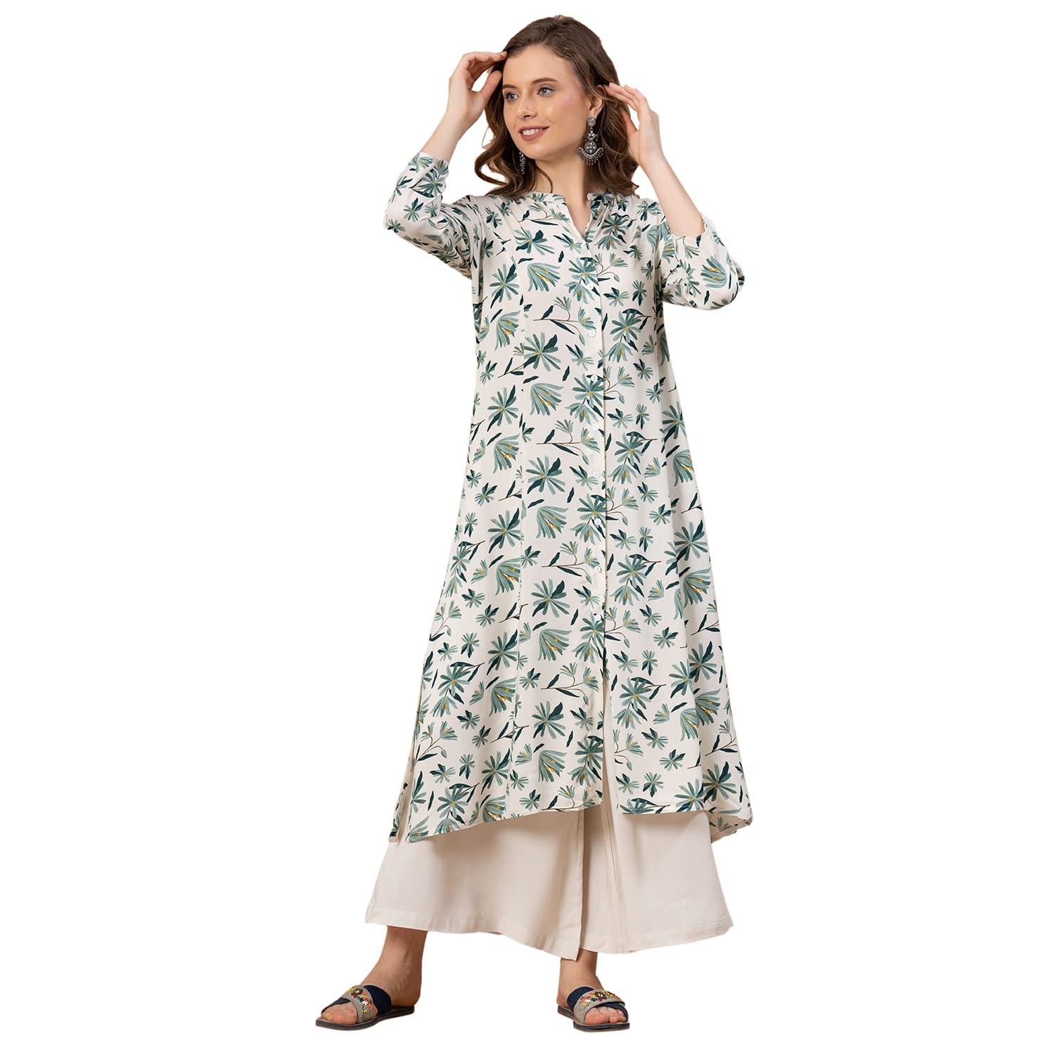 Vero Moda Mode Women's Rayon Floral Regular Kurta (MFK0085_Off White in white