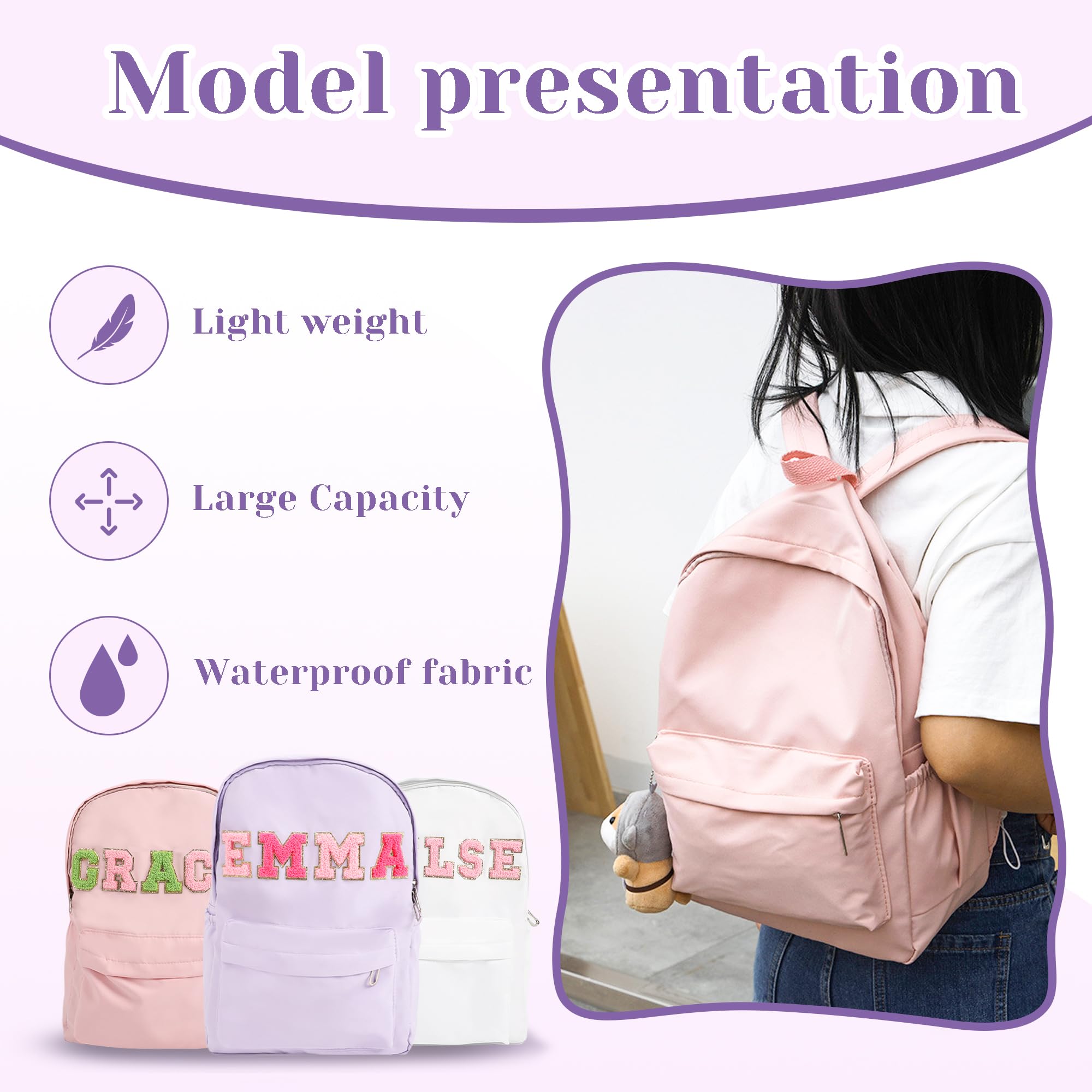 JSAJU Personalized Chenille Letter Patch Toddler Backpack, Unisex, Pink, One Size, Modern, Water Resistant, Scratch Resistant, School Backpack