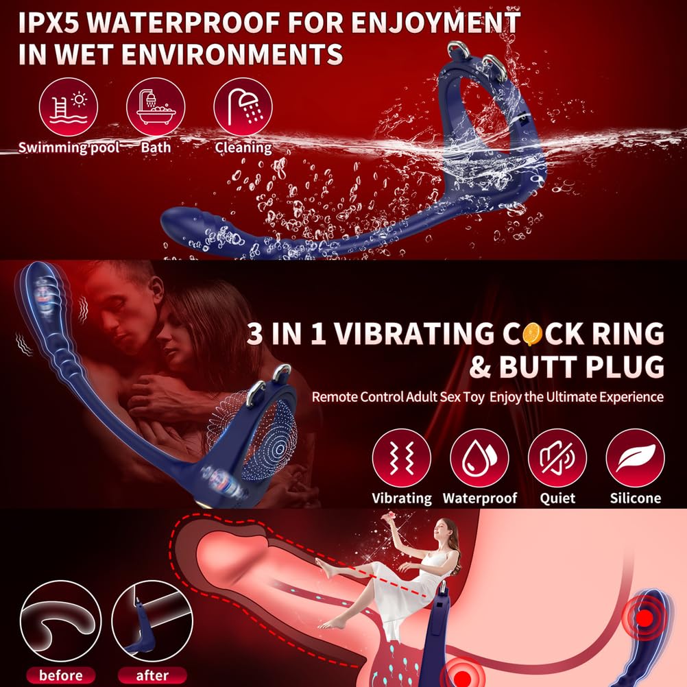Anello per Pene in Silicone Regolabile 3 in 1 con 10 modalità di Vibrazione, Perline Anali Stimolatore Plug Anale Massaggiatore Prostatico, Giocattoli Sessuali per Adulti per Coppia