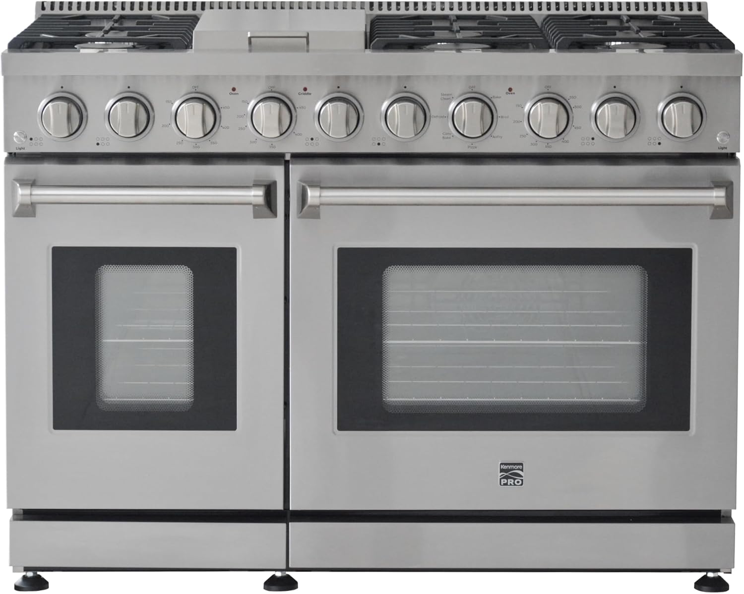 Kenmore PRO 48" Gas Range with Dual Oven, True Convection & Air Fry, 7 Burner Cooktop with Griddle, 7.6 cu ft Capacity, Front Control Freestanding, Pizza, Defrost, Steam Clean, Stainless Steel