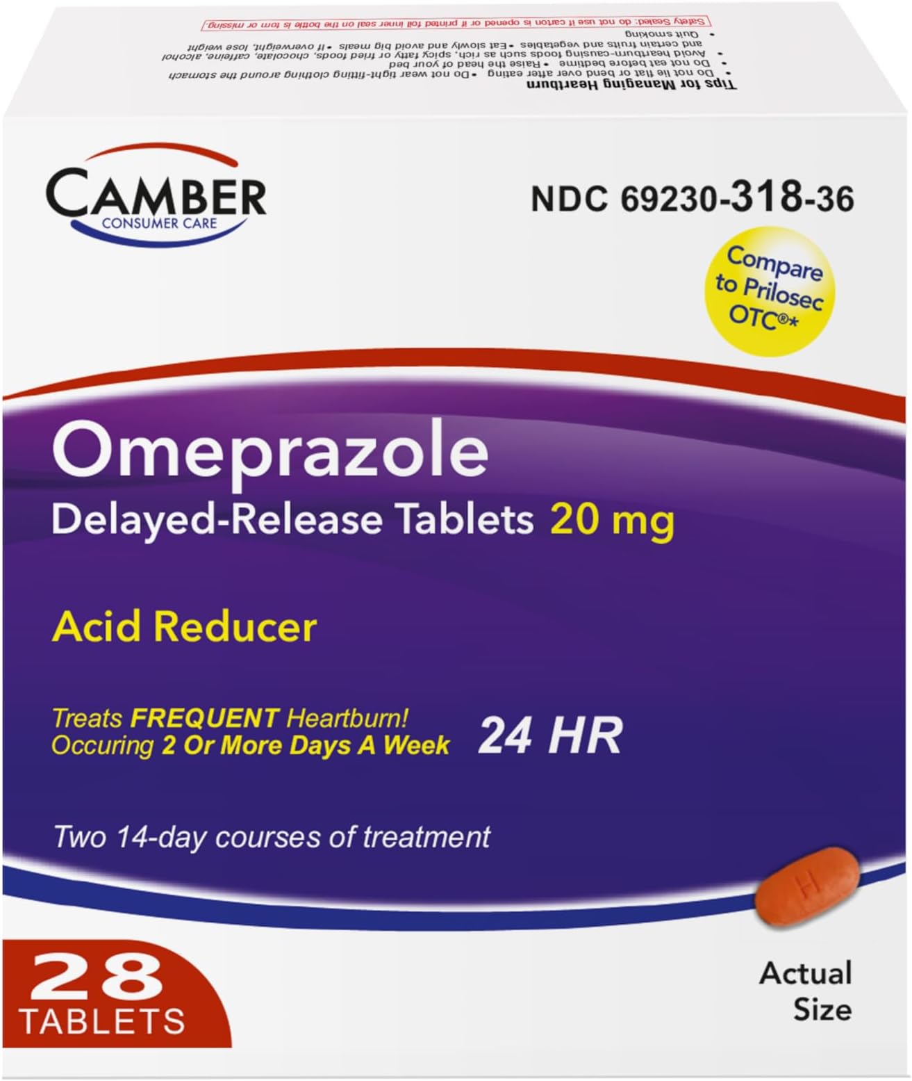 Camber Omeprazole 20mg Delayed-Release Tablets, Heartburn and Acid Reducer Reflux Medicine 28 Tablets