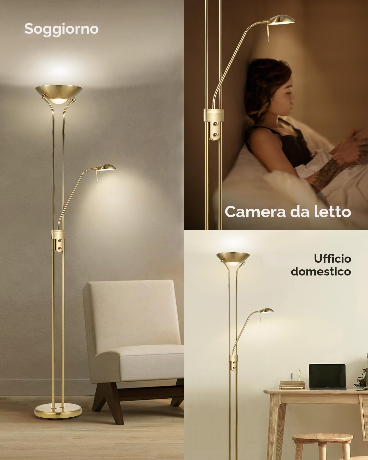 Home Sweet Home Lampada da terra classica - 50 x 50 x 180cm - Dimmerabile con luce principale R7s - Con luce da lettura G9 - Bronzo dorato - Utilizzo per camere da letto e soggiorni