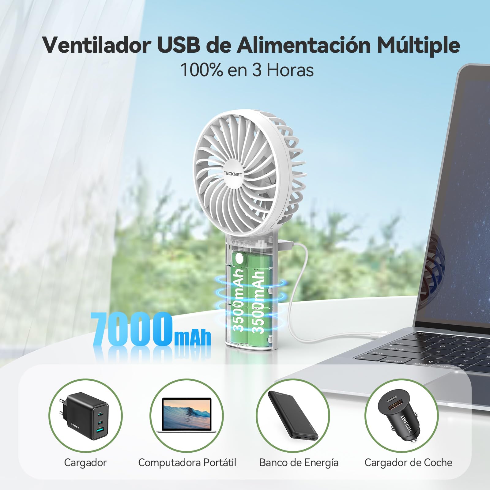 TECKNET ventilador de mano, 7000mAh ventilador portatil usb con Función de Energía Móvil，Ajustable 3 Velocidades ventilador pequeño recargable el Oficina, Hogar, Viajes, Exterior