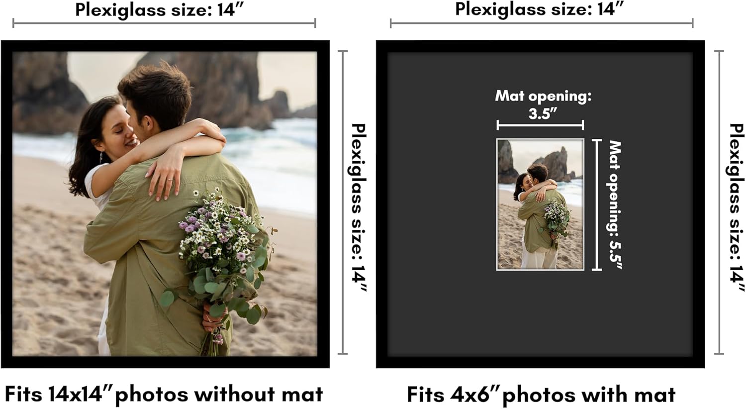 Americanflat 14x14 Picture Frame with Polished Plexiglass - Use as 4x6 Frame with Black Mat or Display 14x14 Photo Without Mat - Streamline Collection - Thin Border Square Frames for Wall - Black Black 14x14 Black Mat 1 piece