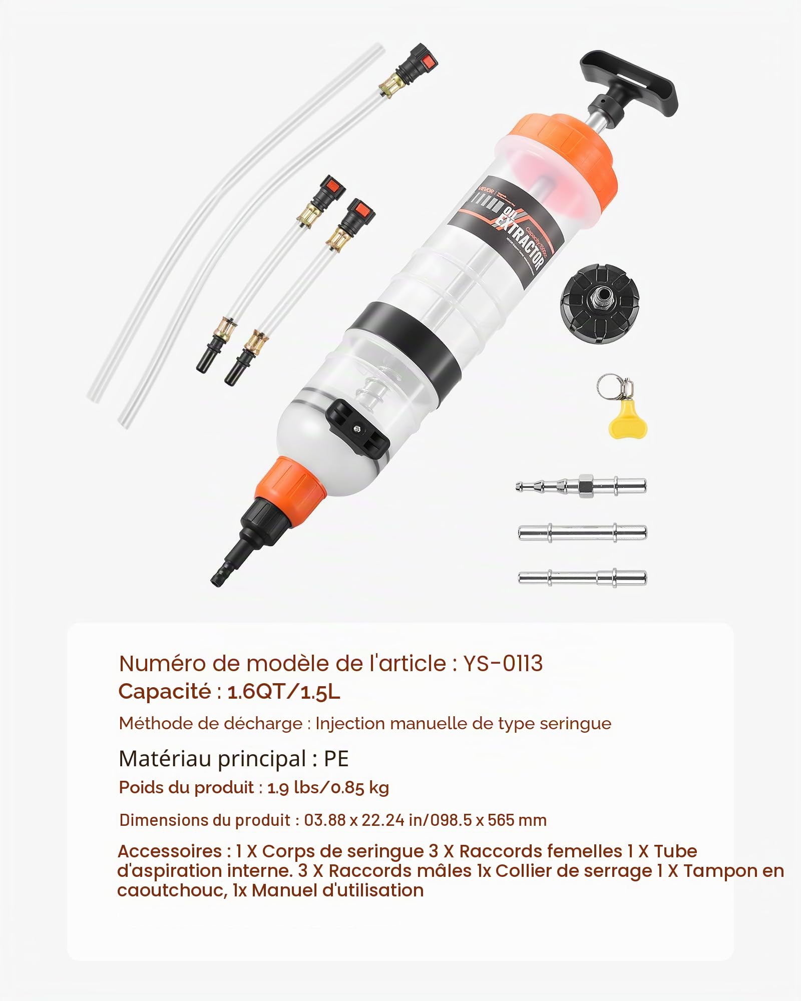 VEVOR Seringue à Huile 1,5 L Pompe Vidange Huile Moteur Aspiration Manuelle Pompe de Transfert Huile Automobile pour Tondeuses à Gazon, Voitures, Bateaux, Motos, avec Tuyau Long, Tuyaux d'Extension