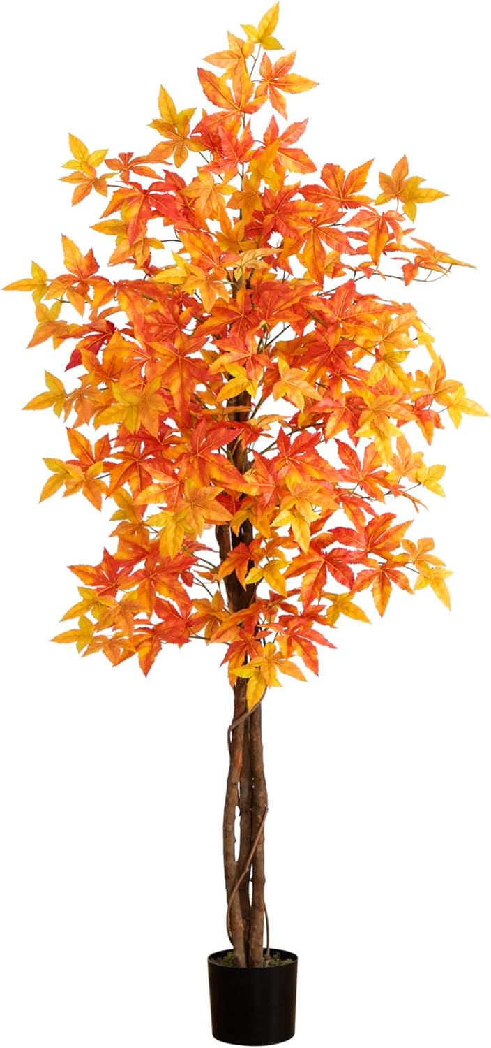 Nearly Natural 6-FT Deluxe Autumn Artificial Maple Tree, Faux Fall Décor for Home, Decorations for Fall, Autumn, Thanksgiving, and Halloween with Black Nursery Pot( incomplete ))