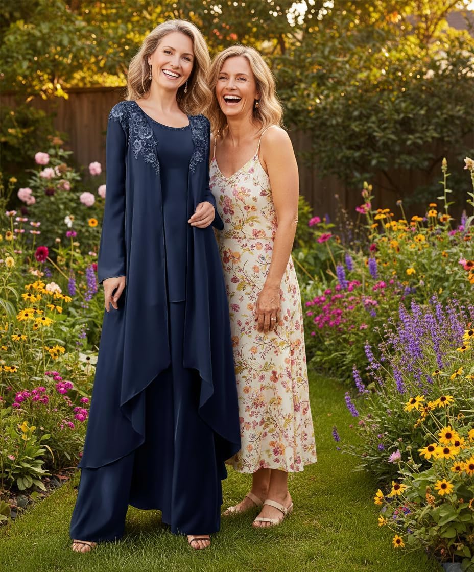 3-Teilig Festliche Elegant Hosenanzug Damen Chiffon Mit Spitzenstickerei - Hochzeitsgast Brautmutter Outfit Mit Jacke Langarm Hosenanzüge Formelle Abendgarderobe