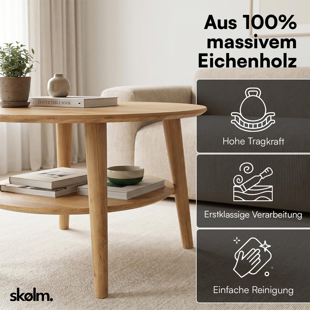 skølm Mjölnir Couchtisch rund Ø70 cm – Wohnzimmertisch aus Eiche Massivholz – Sofatisch mit 2 Ablagen – kleiner Beistelltisch Natur geölt – Holztisch Wohnzimmer mit Stauraum – Coffee Table
