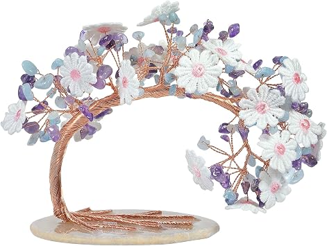 Embroidery Flowers Crystal Money Tree with Agate Slice Base Good Luck Feng Shui Bonsai Tree for Home Office Table Decoration, Amethyst & Aquamarine