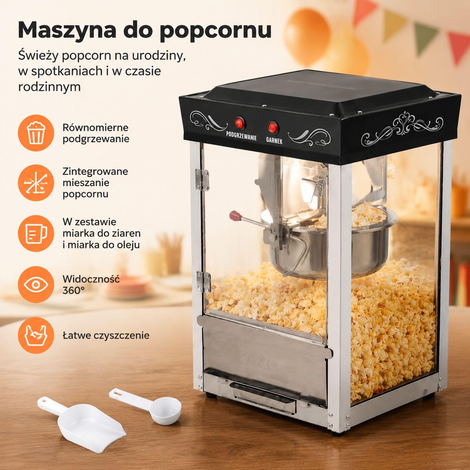 Maszyna do popcornu 800 W, kocioł ze stali nierdzewnej 8 oz, 48 filiżanek na partię, styl kinowy, 2 przyciski, szklana ścianka, drzwi z poliwęglanu, czarna