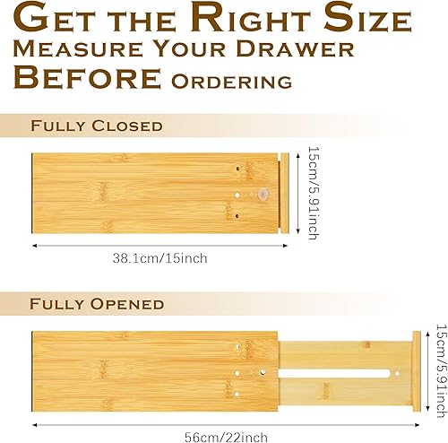 Miniatura 2 de 4 separadores de cajones de bambú profundo, organizador de cajones de cocina profunda con resorte para ropa, ajustable y expandible de 15 a 22