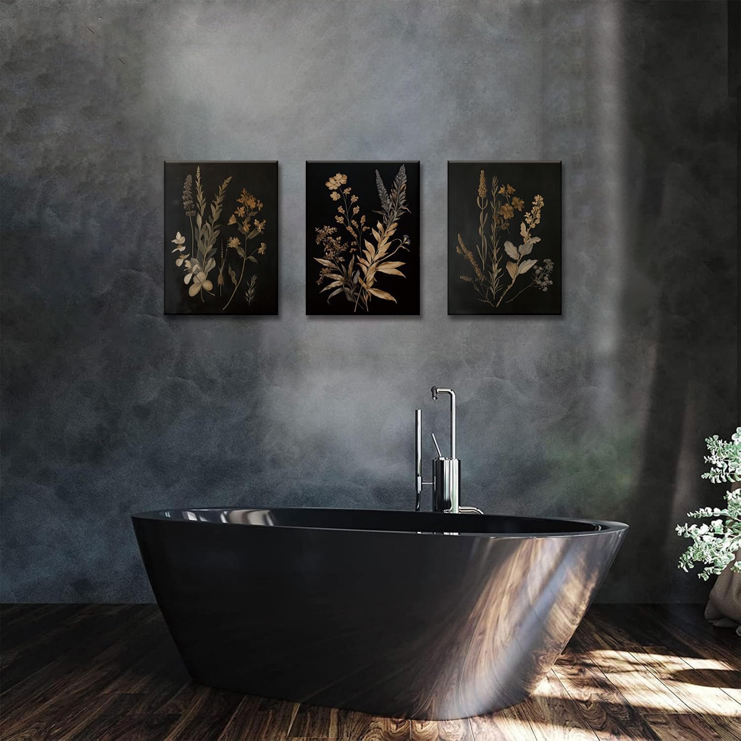 TUEASKY 3 Piece Floral Canvas Wall Art Dark Moody Wall Decor Botanical Pictures Wildflower Paintings 3 pieces Flower Prints for Bedroom Living Room