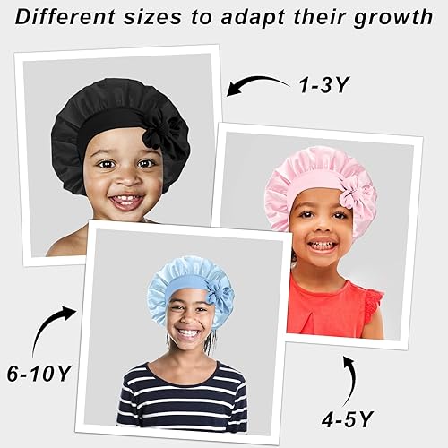 Miniatura 6 de 3 gorros de seda para dormir para niños, gorro de satén para bebé, gorro de pelo para cabello rizado para niñas y niños con banda elástica ancha,