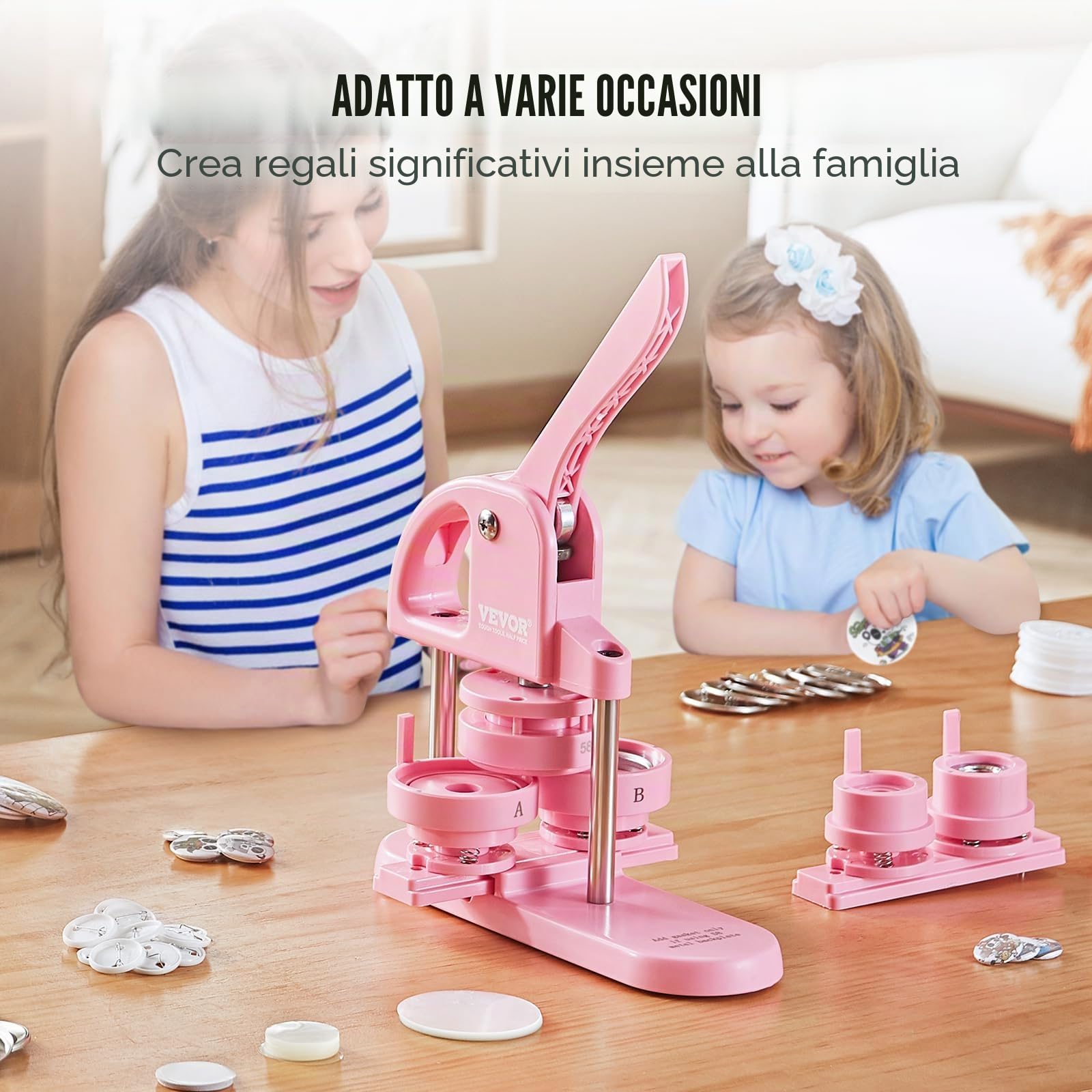 VEVOR Macchina per badge 25/32/58 mm, Pressa per badge con 300 kit di accessori, Kit fustellatrice manuale badge punzonatrice, Macchina per la creazione di badge rosa