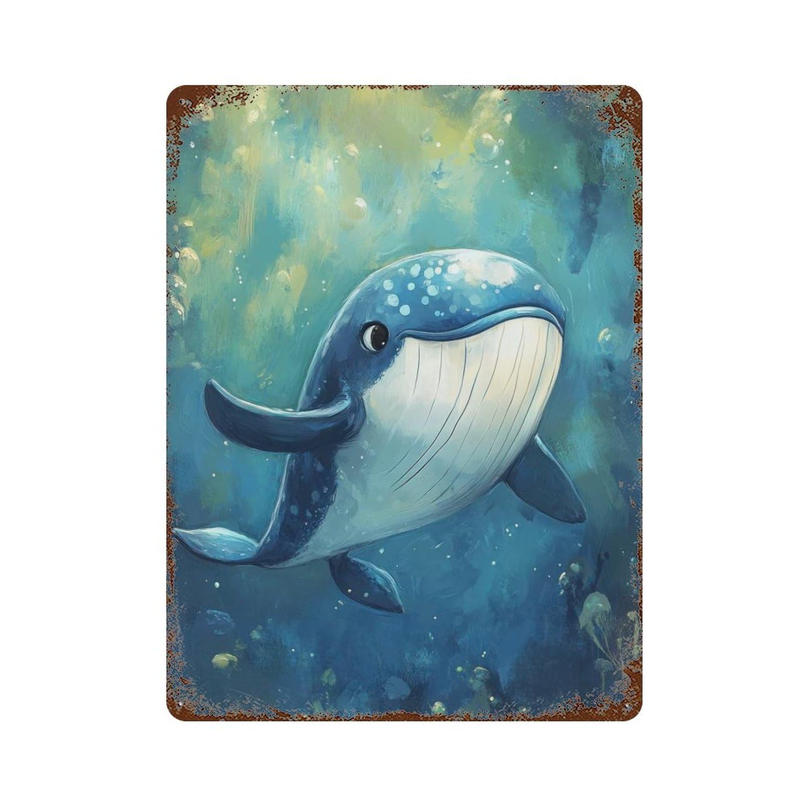 Cute Whale Painting Rusty Metal Tin Sign 15.7"x11.8", Ideal for Farmhouse, Kitchen And Entryway Decor