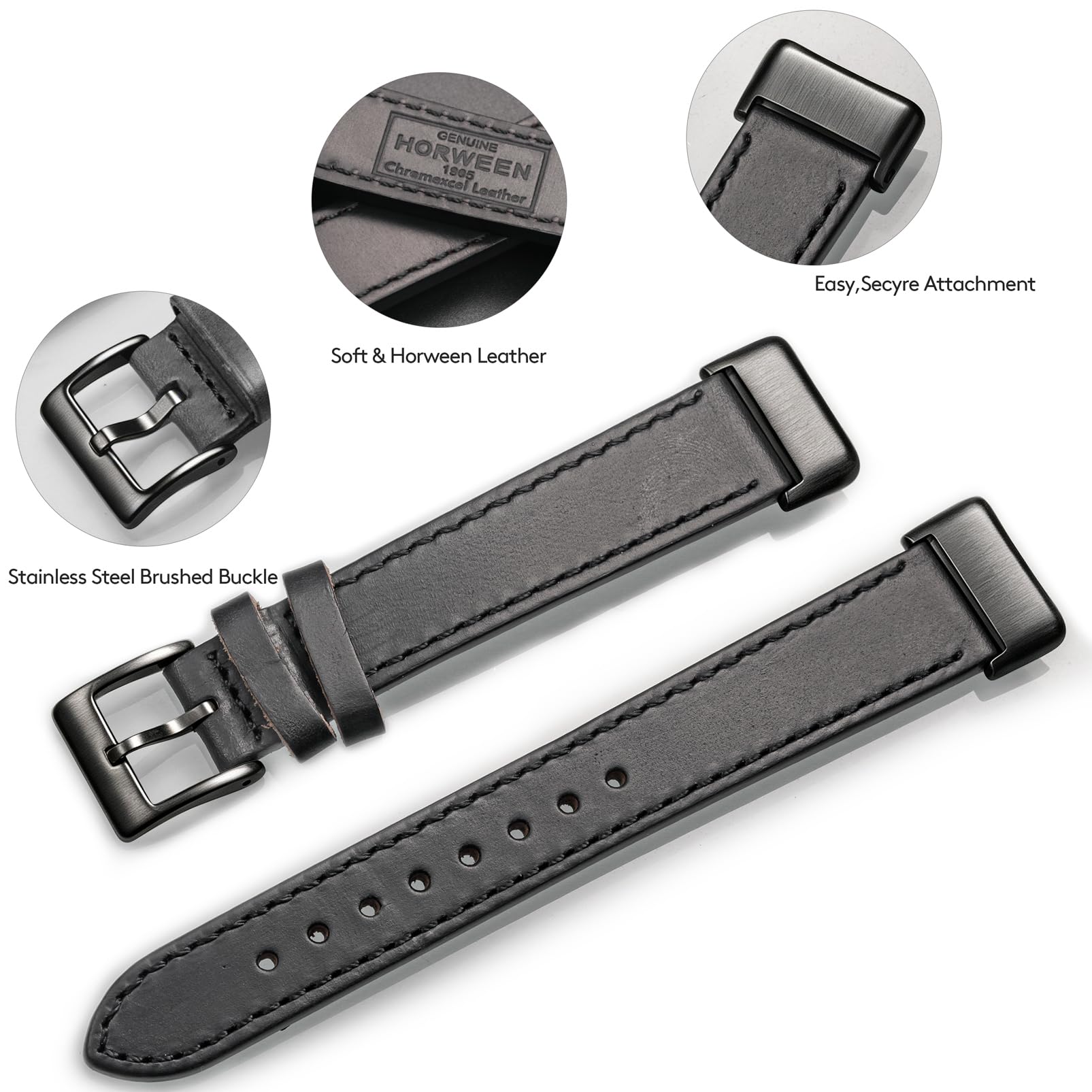 Horween Bracelet en cuir compatible avec Charge 5/6 et Charge 3/4, bracelet de rechange de qualité supérieure cousu à la main avec boucle en acier inoxydable.