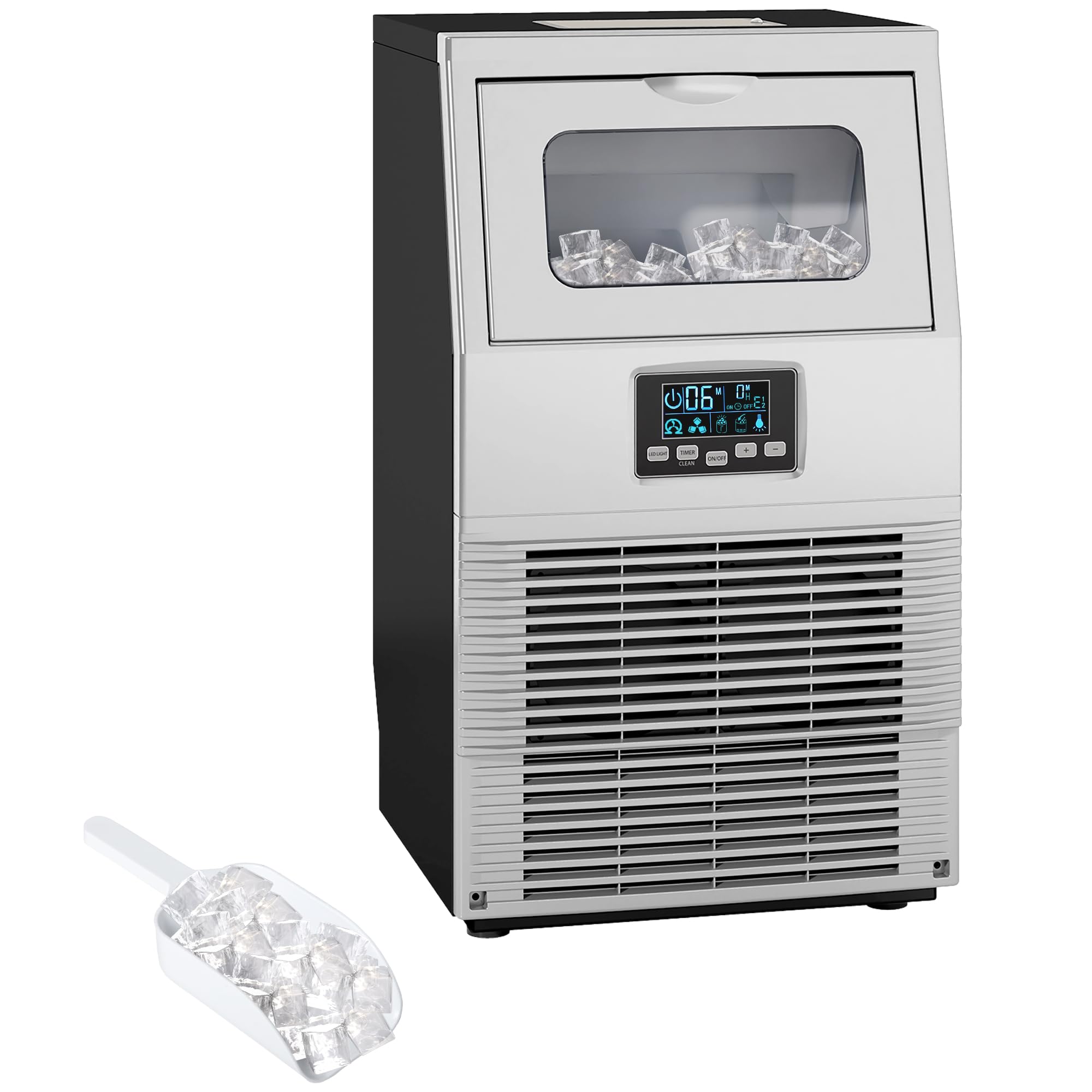 HOMCOM Kommerzielle Eiswürfelmaschine 30 kg/24H Eismaschine mit 4 kg Speicher, Freistehender Eiswürfelbereiter aus Stahl mit Selbstreinigung, Timer für Restaurant, Bar, Café