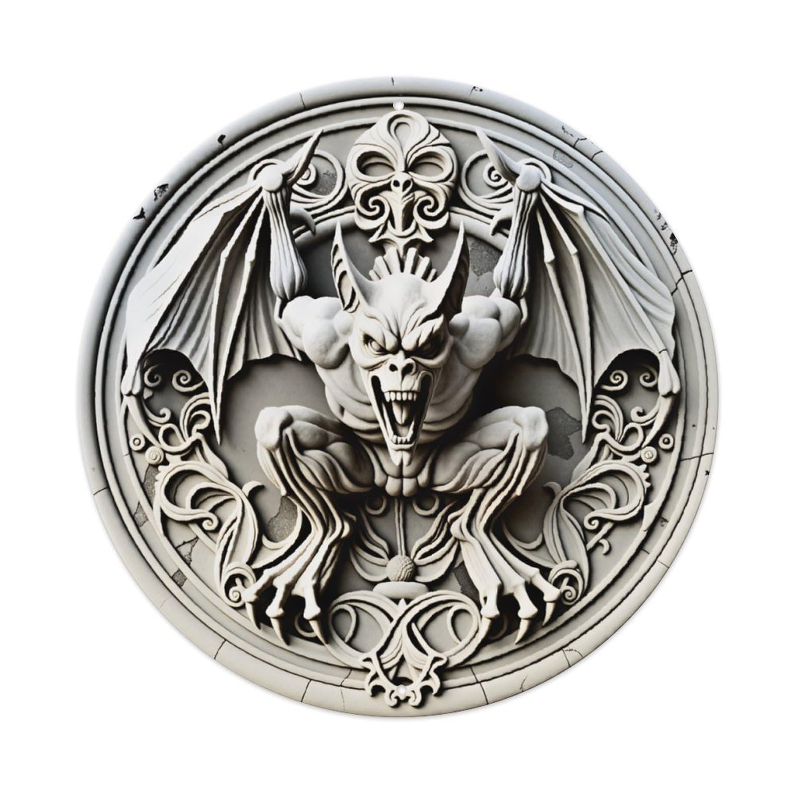 Ldfuieksufg Style Round Gothic Stone Gargoyle Vintage Relief Wall Sign Halloween Decor Vintage Aluminium Metal Sign, Retro Wall Decor For Home, Bar, Garage & Farmhouse 20X20cm