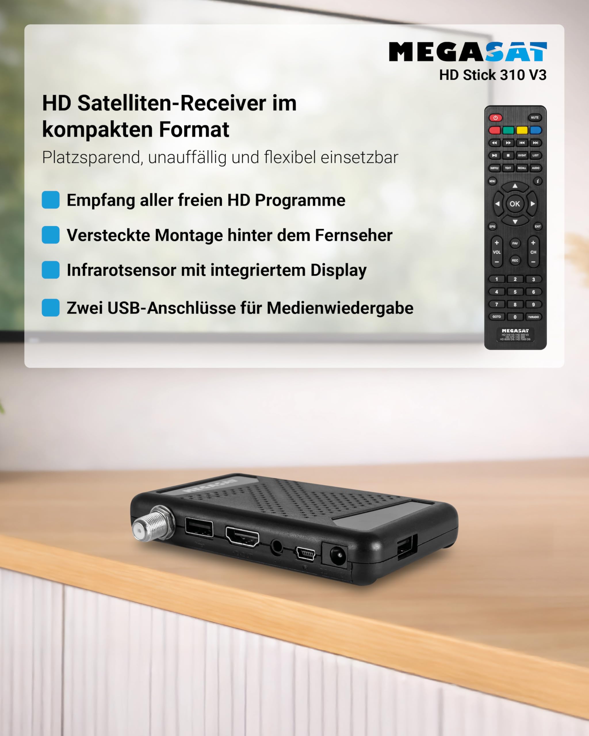 Megasat HD Stick 310 V3 – HD-Sat-Receiver, für versteckte Montage – Schwarz | Nur 10,8 × 1,8 × 6,5 cm, klein & kompakt, 2 × USB für Medienwiedergabe, Infrarotsensor