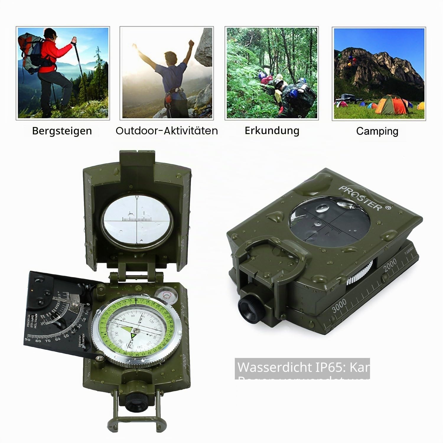 Proster Militär Marschkompass Professioneller Taschenkompass Peilkompass Kompass Compass mit Klinometer Tragschlaufe Tasche für Jagd Wandern und Aktivitäten im Freien