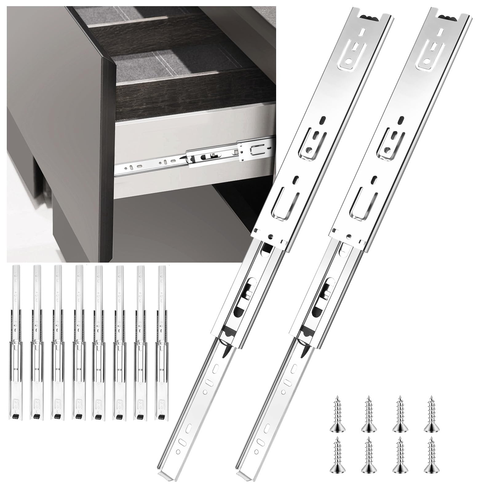 Guías de cajón de 14 pulgadas con extensión completa, 4 pares de herrajes laterales plateados