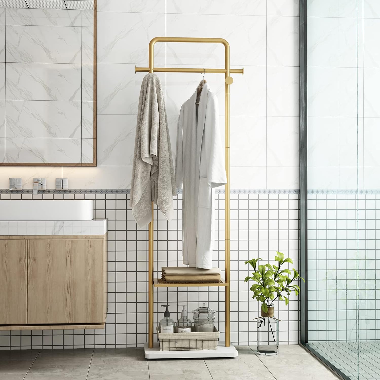 TIEOU Gold Clothes Racks with Shelf, Heavy Duty Gold Clothing Racks for Boutiques, Free-Standing Metal Garment Rack for Hanging Clothes, Modern Coat Rack Entryway(2 tier)