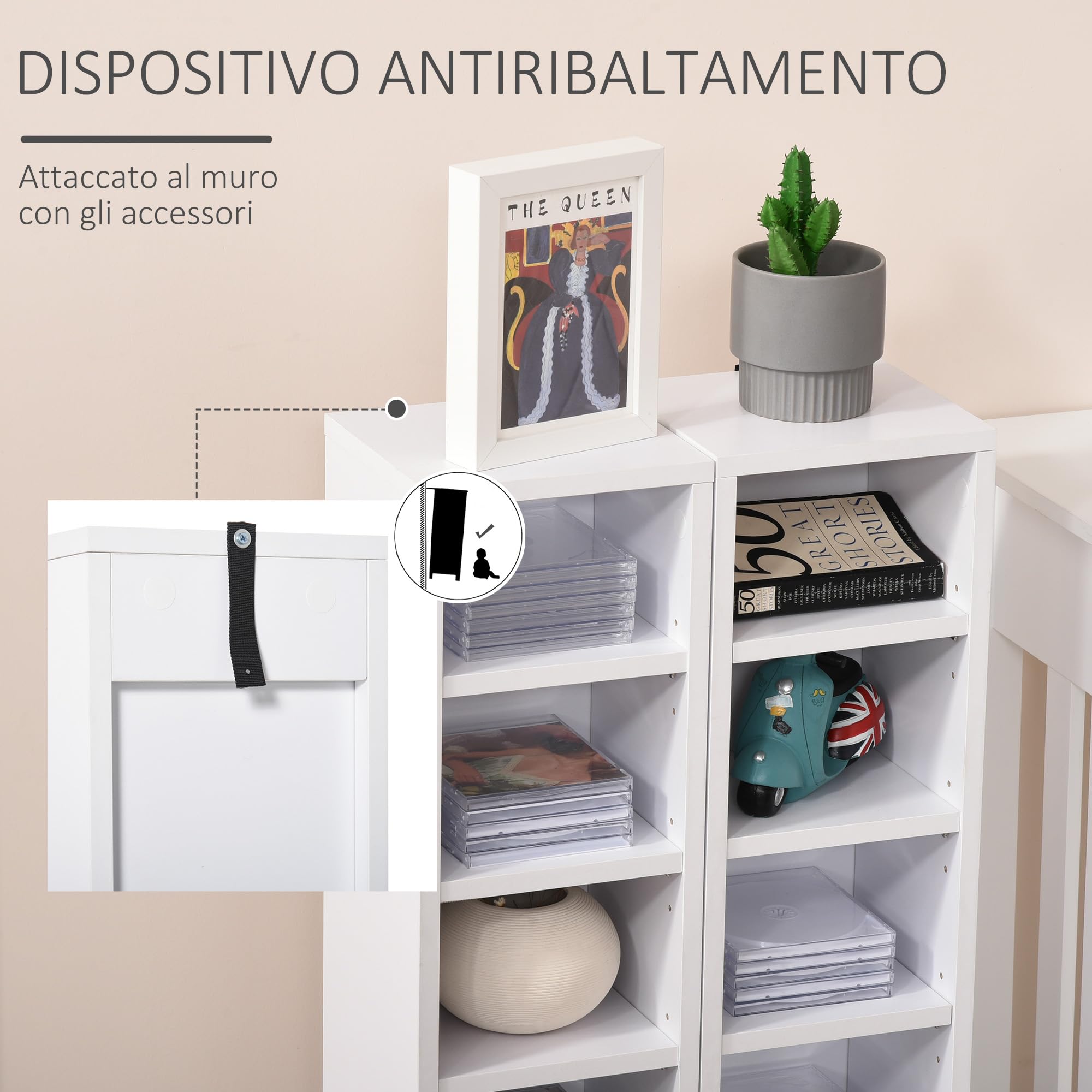 HOMCOM Set 2 Pezzi Scaffali a Colonna Porta CD e DVD a 12 Ripiani Regolabili per 204 CD, Mobile Libreria Alto Salvaspazio in Legno per Camera, Soggiorno e Ufficio, 21x22.5x88.5 cm, Bianco