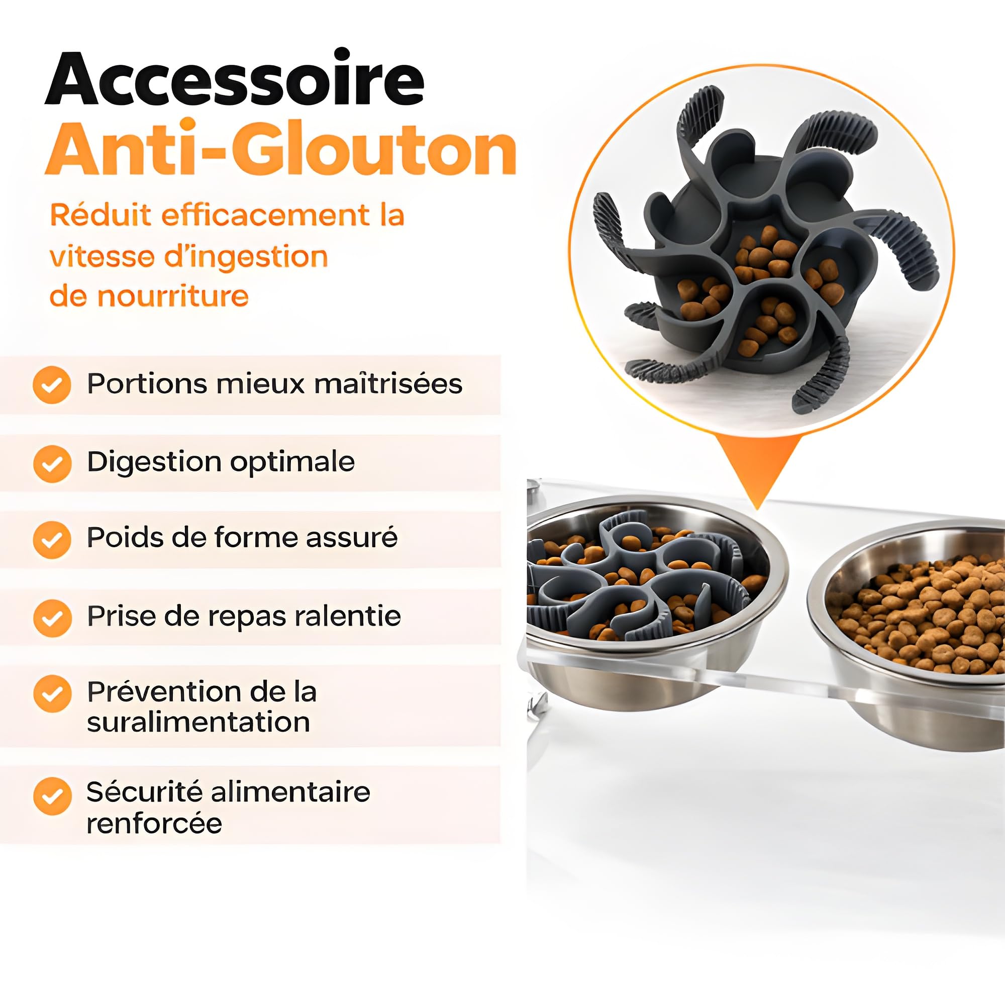 Gamelle Double Chien et Chat Surélevée - Support 4 Hauteurs Ajustables – Double Bols en Acier Inoxydable 800ML + Accessoire Anti-Glouton - Installation Facile - Design Intérieur