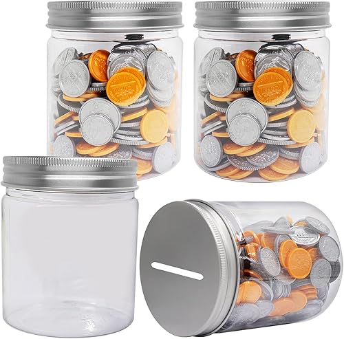 Mczxon Tarros pequeños para monedas paquete de 4 tarros de plástico transparente de 16 onzas con tapas ranuradas plateadas pequeños tarros de