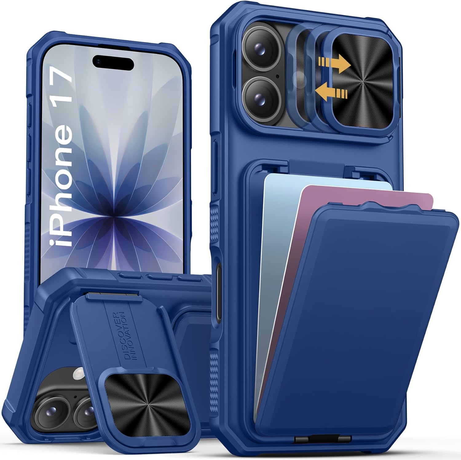 SSLOTSCASE for iPhone 17 Case with Stand & Credit Card Holder & Sliding Camera Cover & Camera Stand & Wallet, Rugged Durable Silicone Edge Protective Phone Case Cover for iPhone 17 6.3'' 5G 2025, Blue Blue iPhone 17