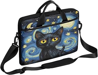 15 Inch Starry Night Art Animal Cat Laptop Bag for Women Men, Waterproof Oxford Laptop Case with Shoulder Strap, Shockproof Computer Sleeve for Office, Travel, School